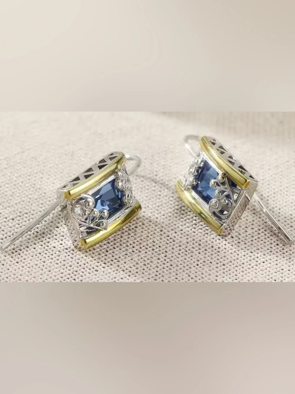 New .925 Silver & 18K Gold and Sapphire Earrings
